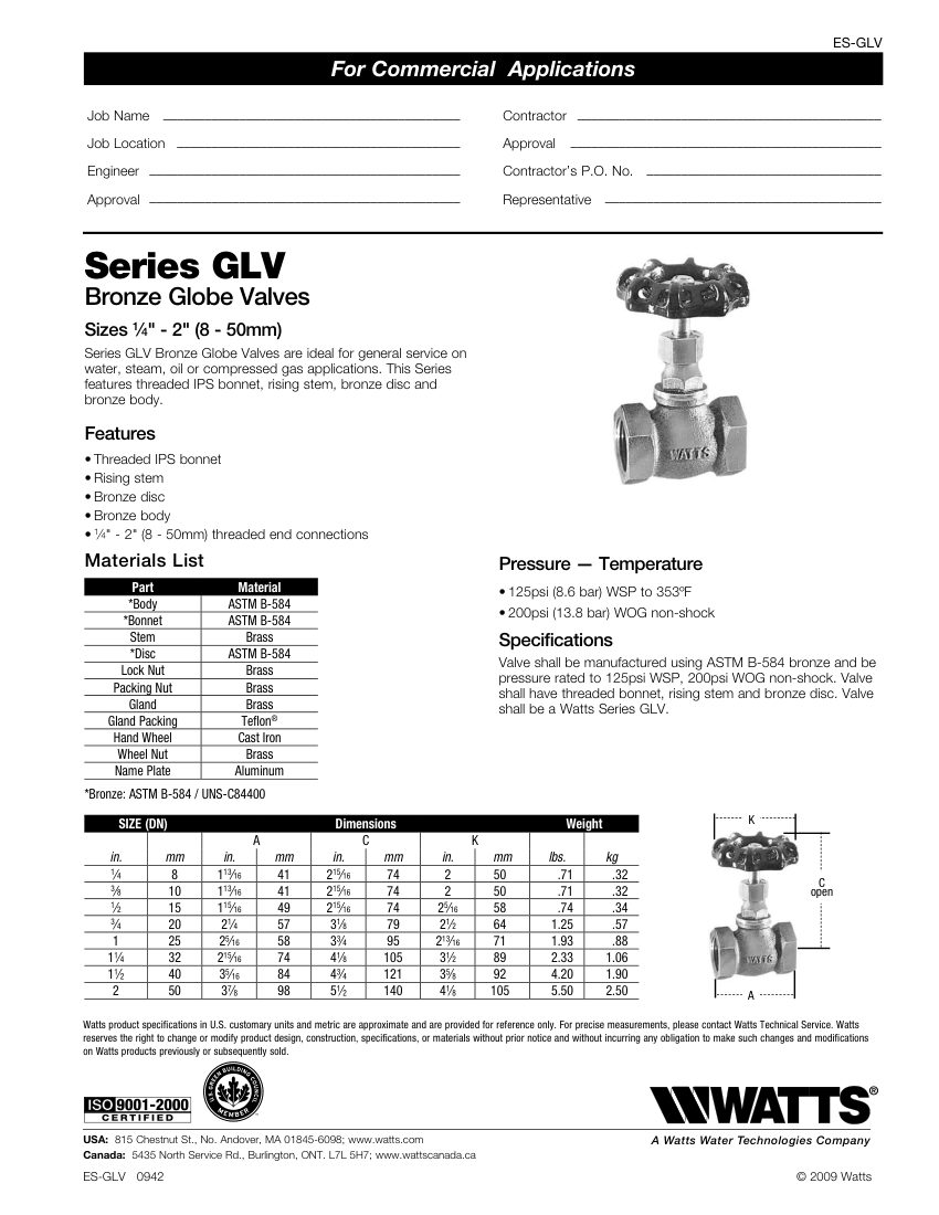 Watts cut sheet — first page