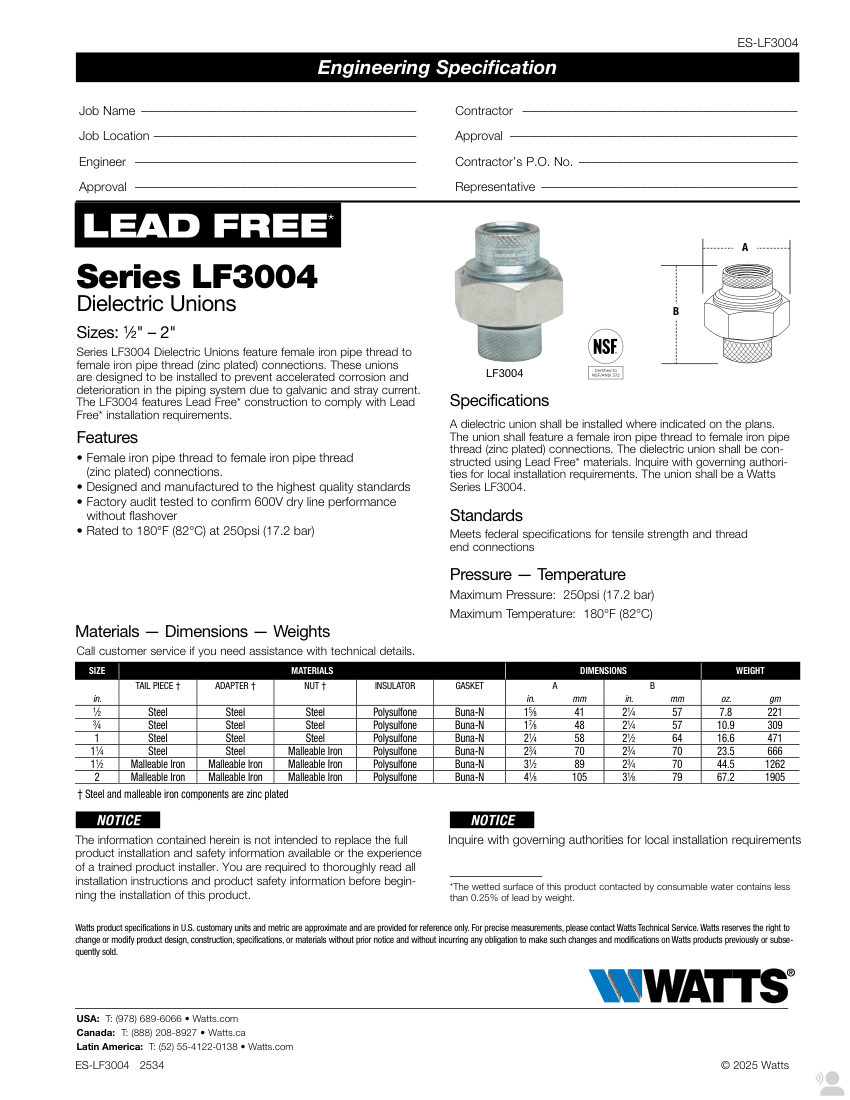 Watts cut sheet — first page