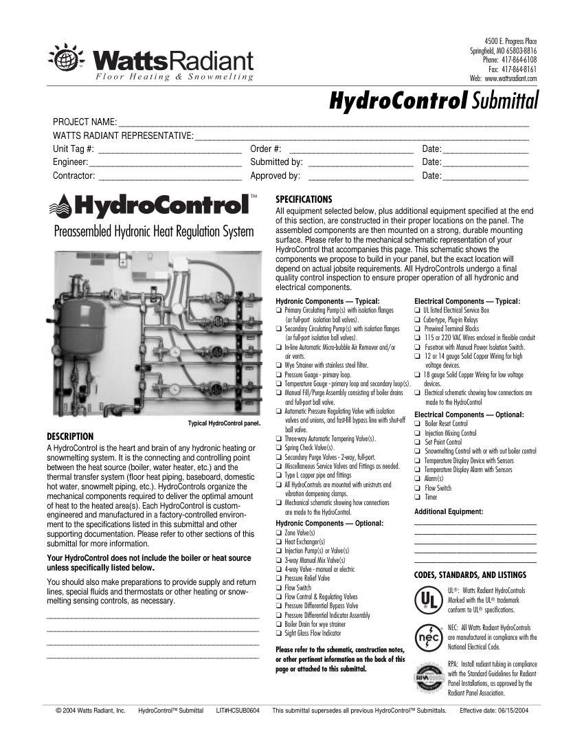 Watts Watts HydroControl cut sheet — first page