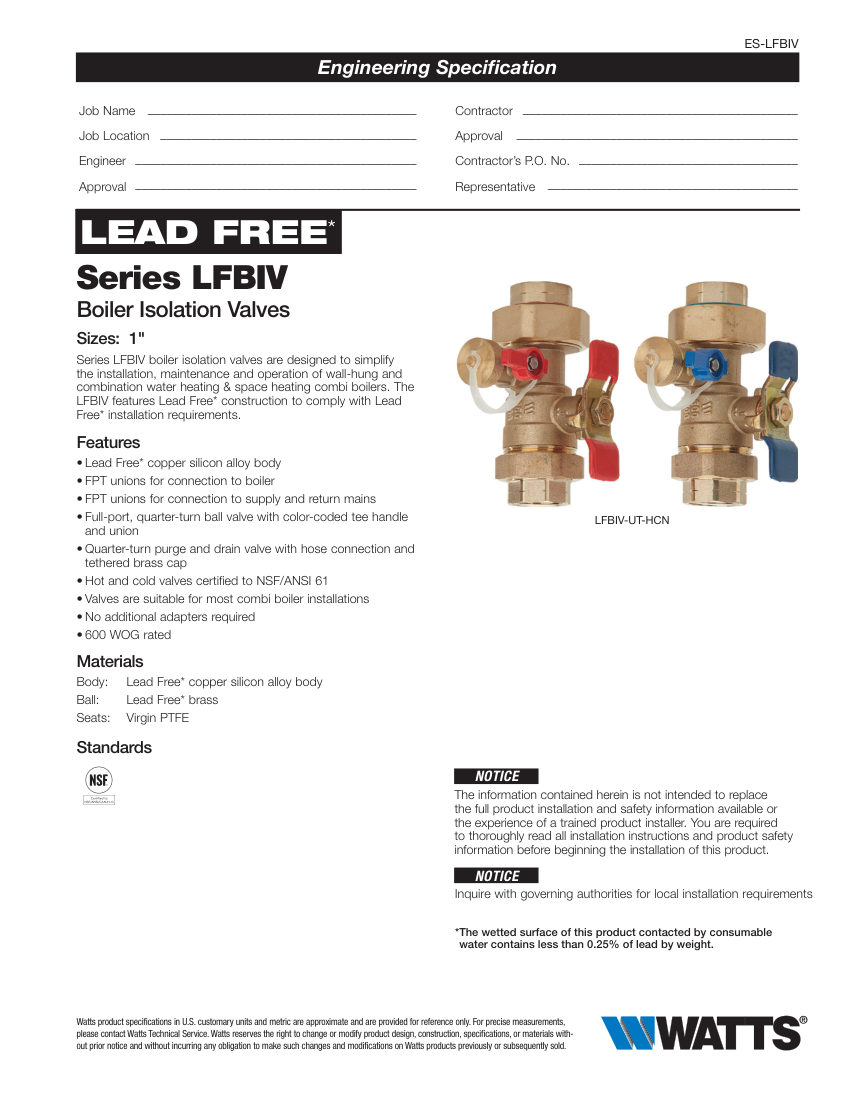 Watts Watts LFBIV cut sheet — first page