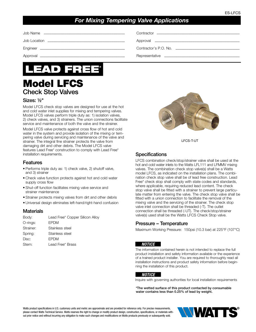 Watts Watts LFCS cut sheet — first page