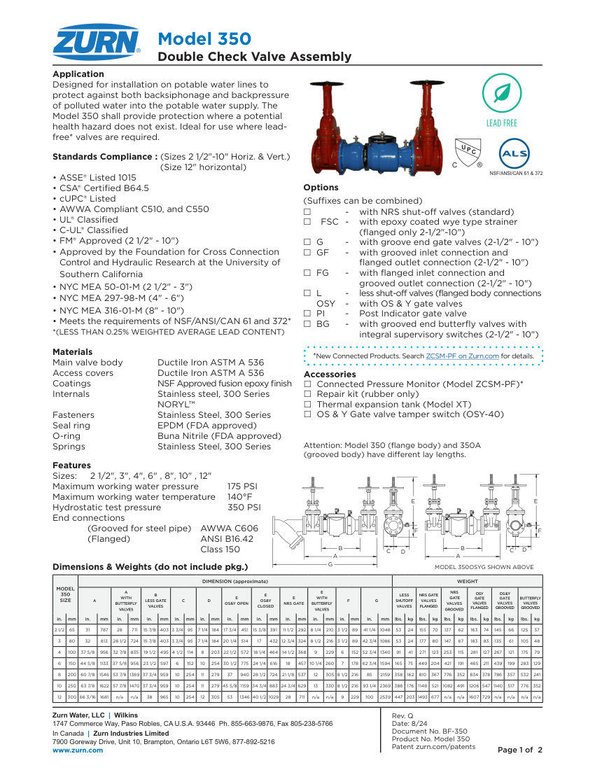Zurn 350-2-12-12 cut sheet — first page