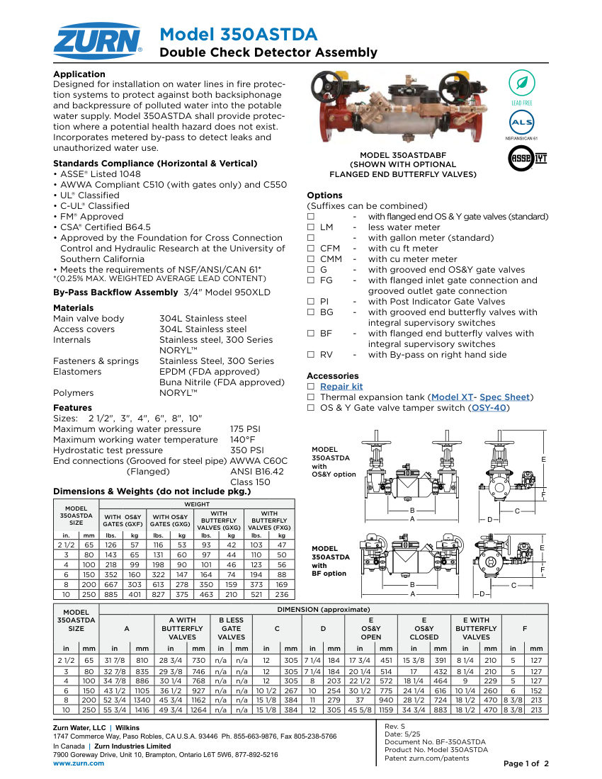 Zurn 350ASTDA cut sheet — first page