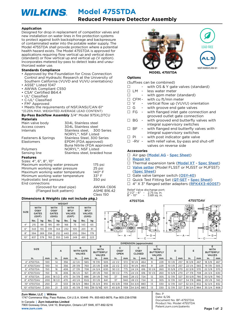 Zurn 475STDAV cut sheet — first page