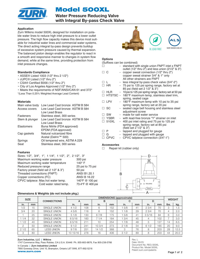 Zurn 500XL cut sheet — first page