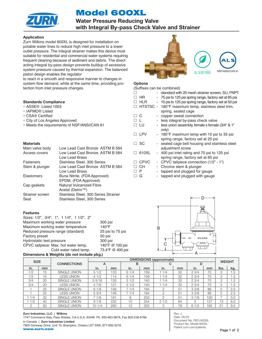 Zurn 600XL cut sheet — first page