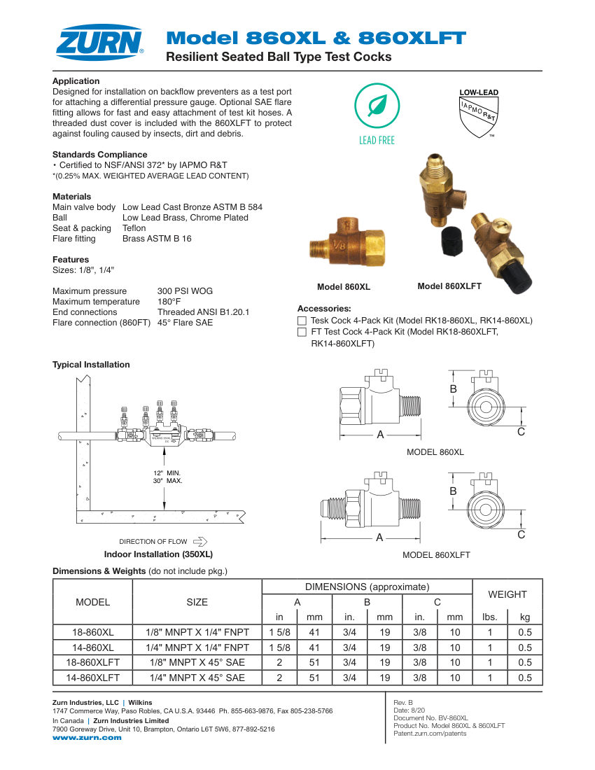 Zurn 860XL cut sheet — first page