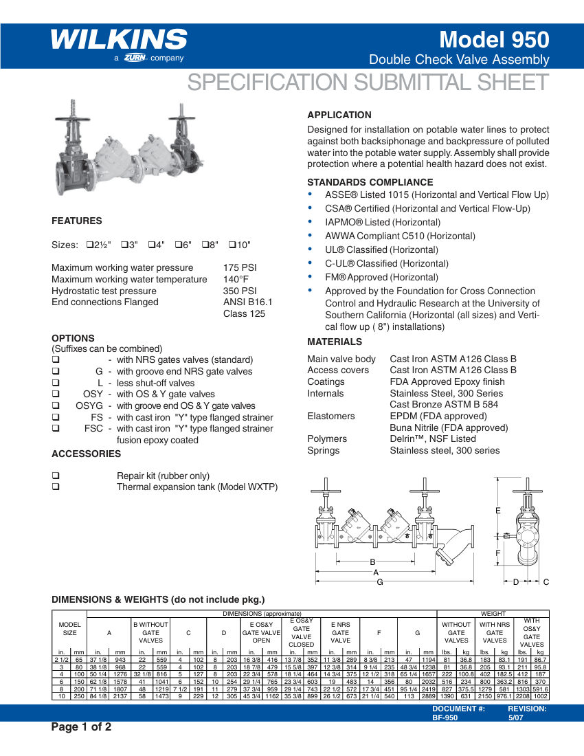 Zurn 950 cut sheet — first page