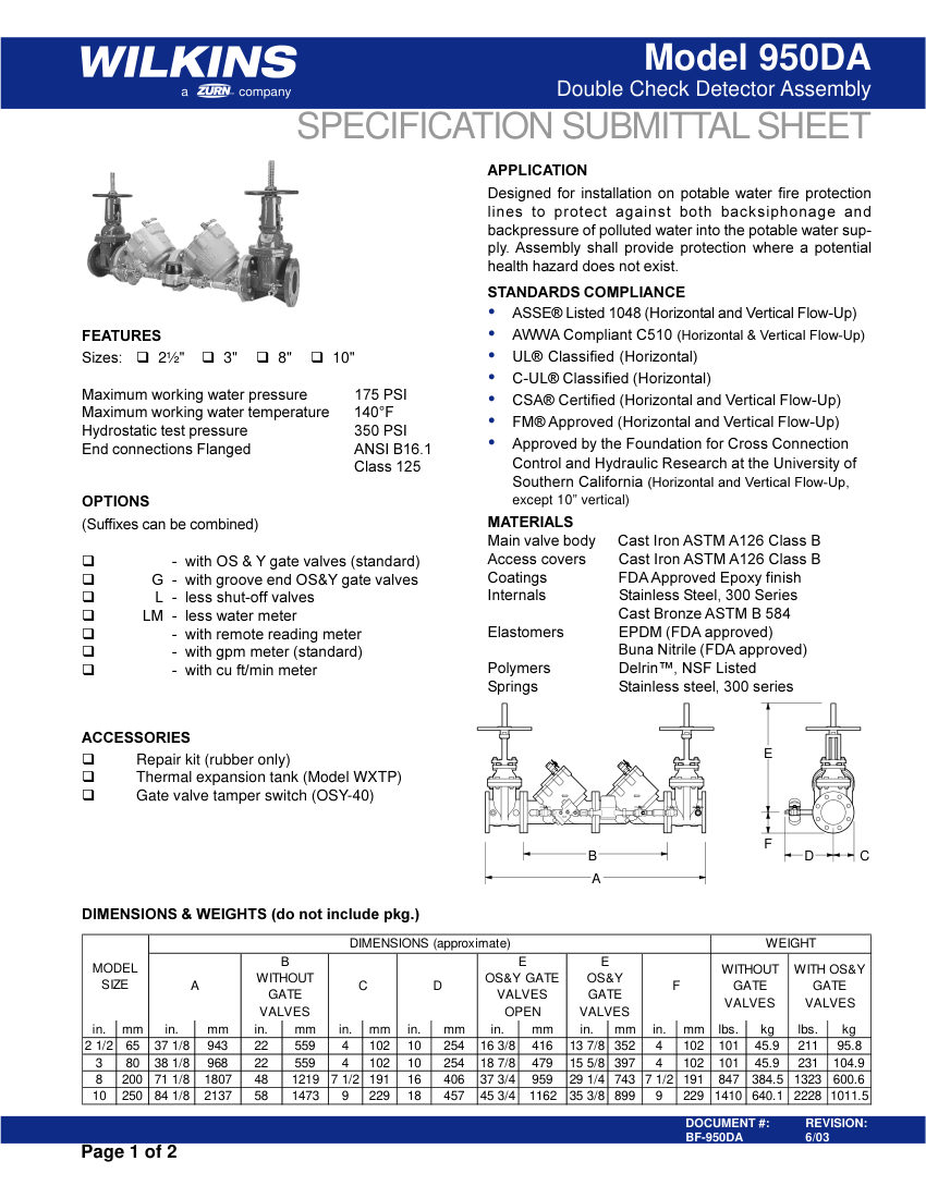 Zurn 950DA cut sheet — first page