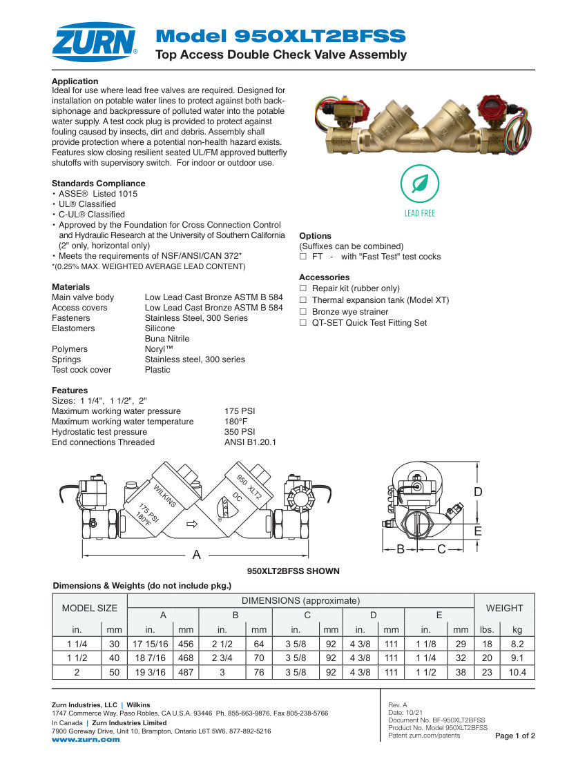 Zurn 950XLT2BFSS cut sheet — first page