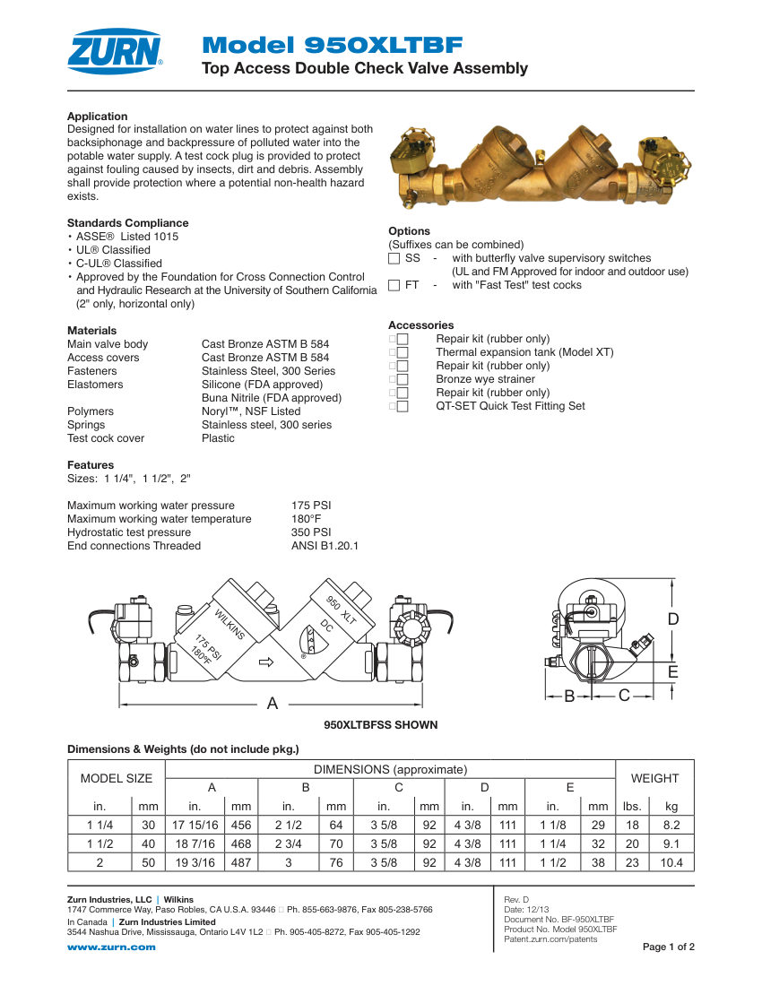 Zurn 950XLTBF cut sheet — first page