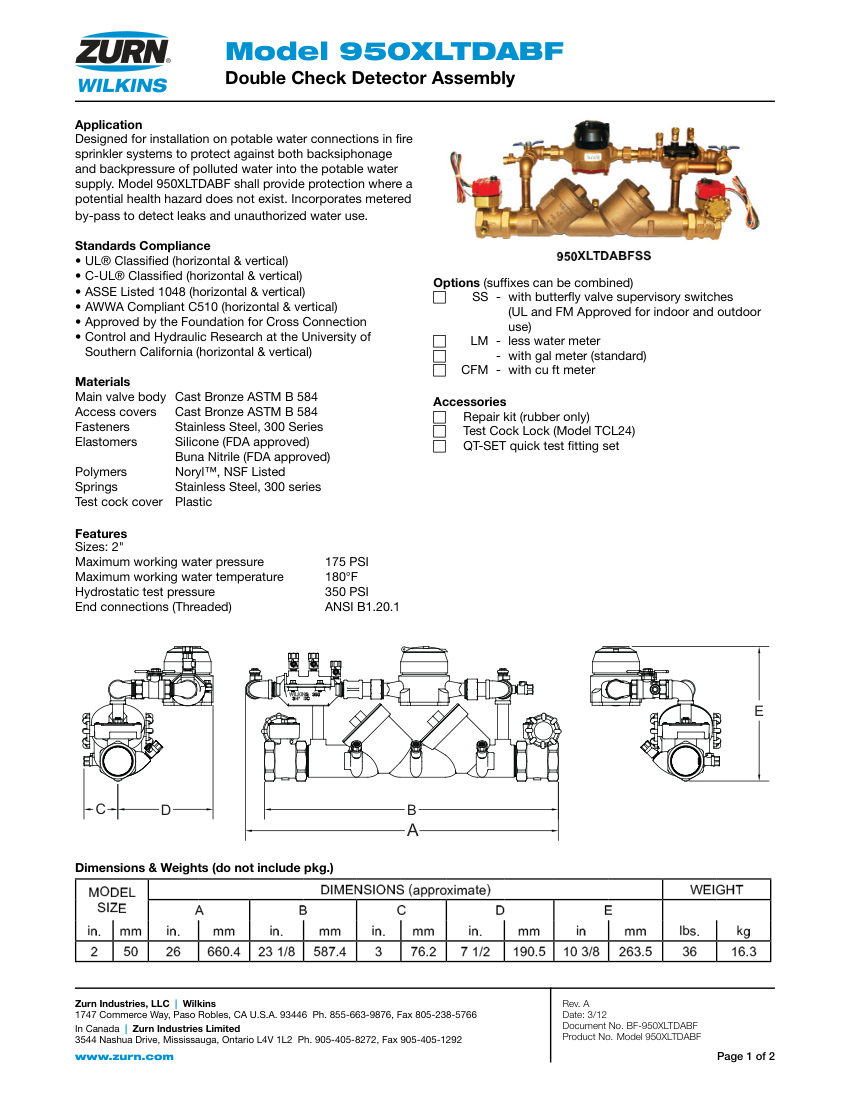 Zurn 950XLTDABF cut sheet — first page