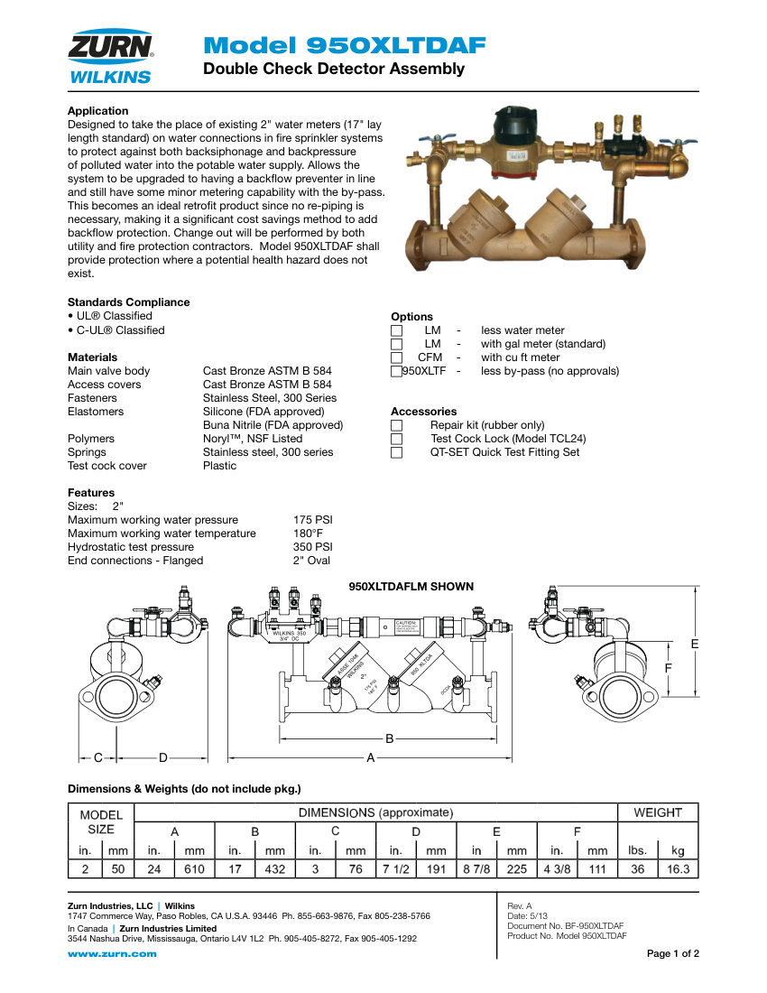 Zurn 950XLTDAF cut sheet — first page