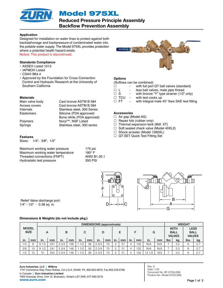 Zurn 975XL-14-12 cut sheet — first page