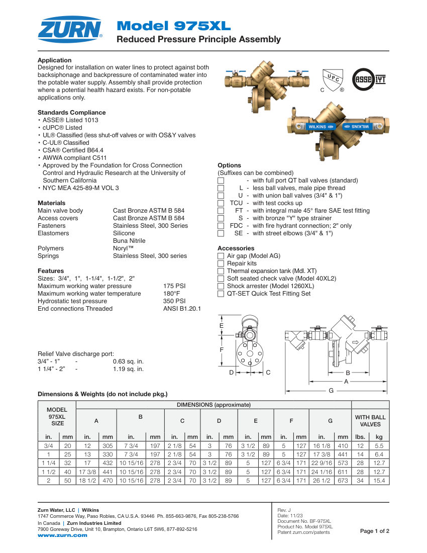 Zurn 975XL-34-2 cut sheet — first page