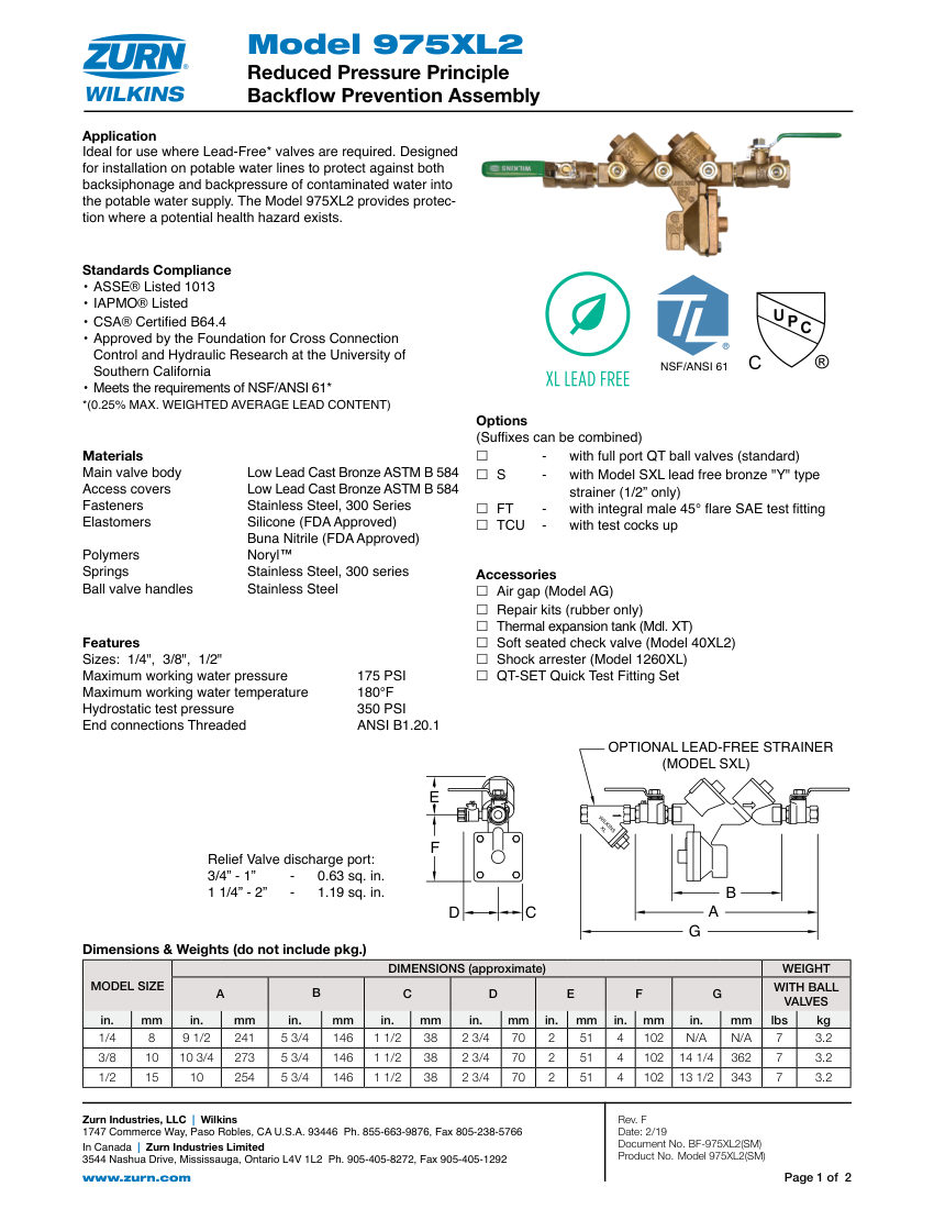 Zurn 975XL2-14-12 cut sheet — first page