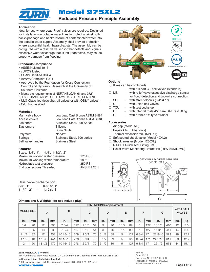 Zurn 975XL2-34-2 cut sheet — first page