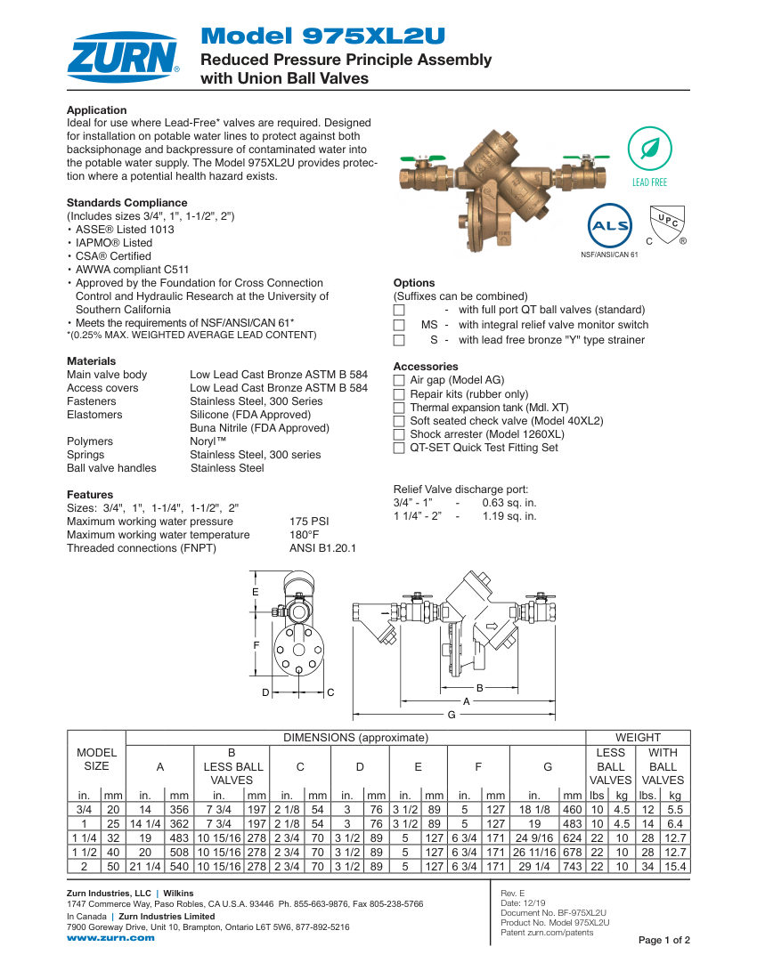 Zurn 975XL2U cut sheet — first page