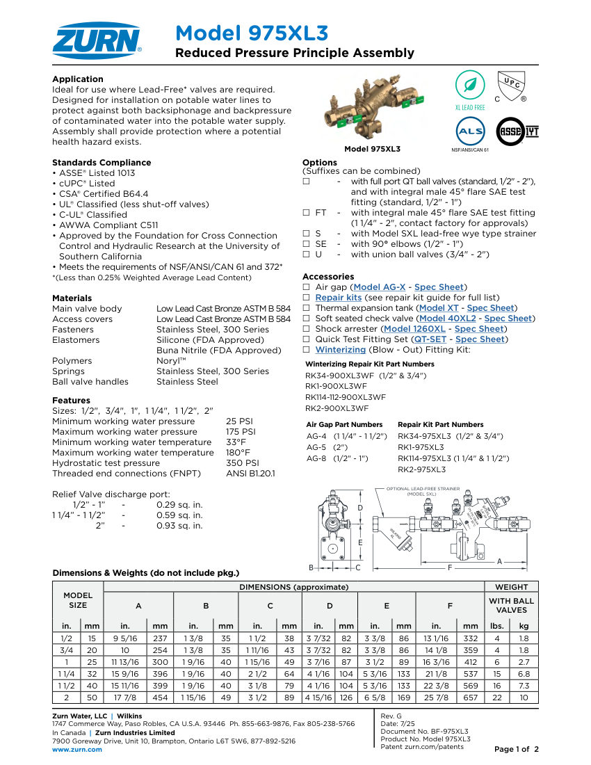 Zurn 975XL3 cut sheet — first page