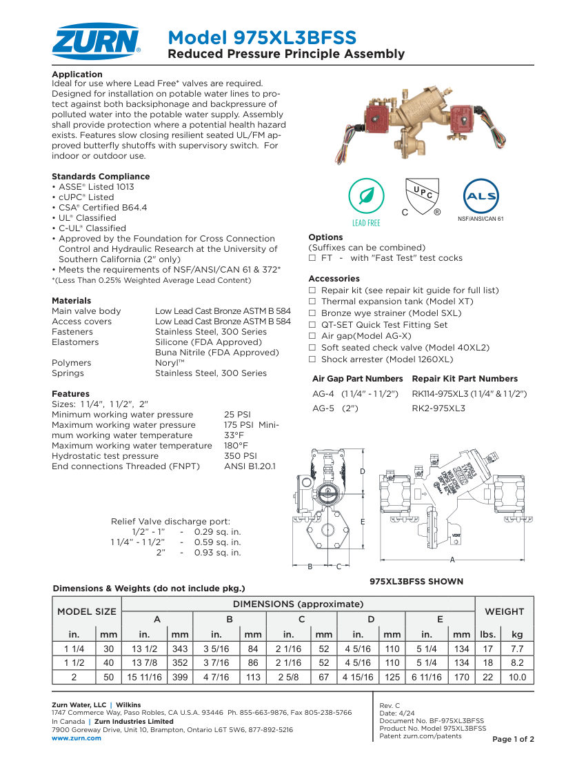 Zurn 975XL3BFSS cut sheet — first page