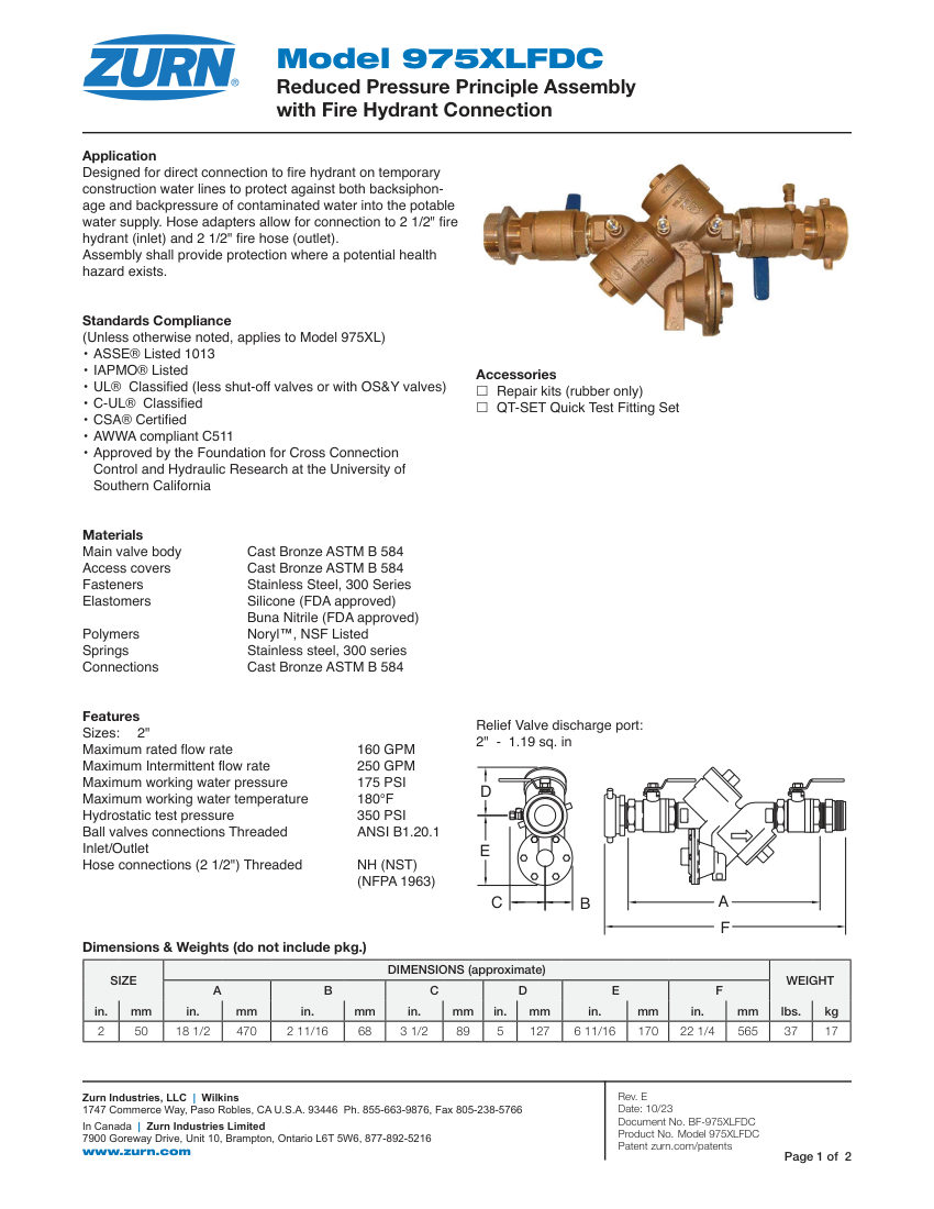 Zurn 975XLFDC cut sheet — first page