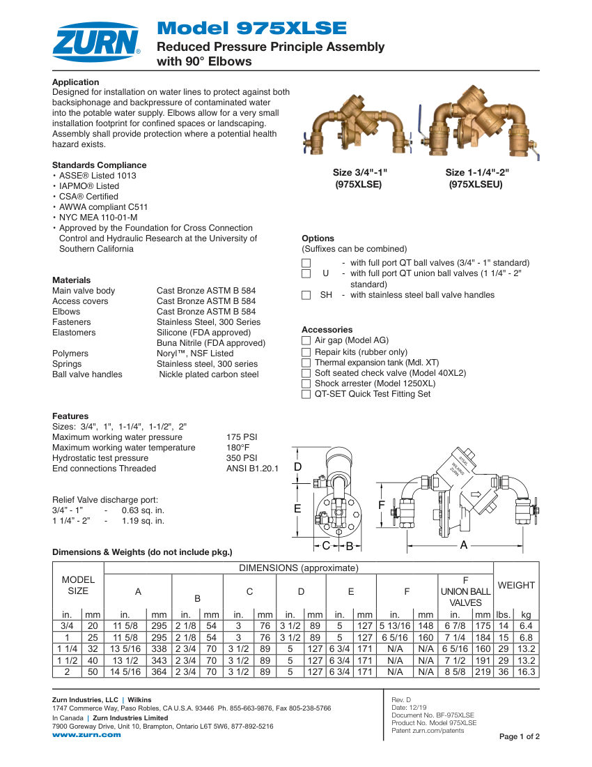 Zurn 975XLSE cut sheet — first page