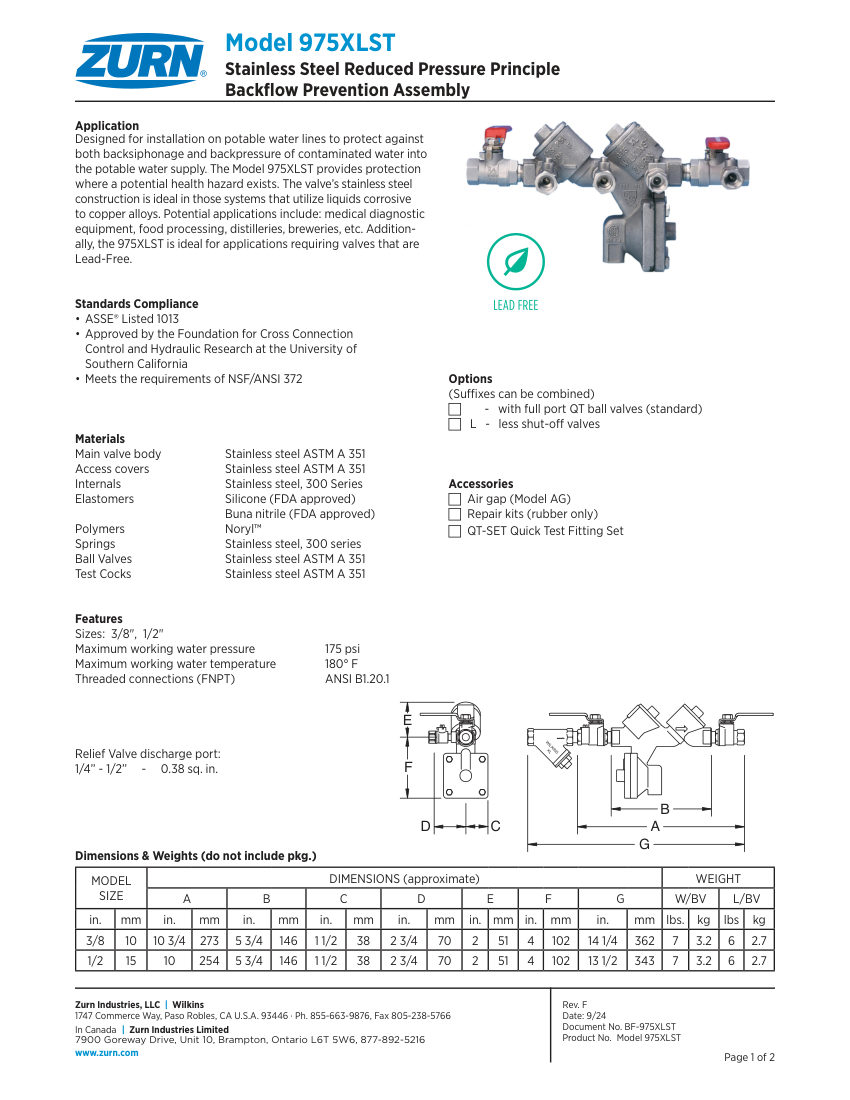 Zurn 975XLST cut sheet — first page