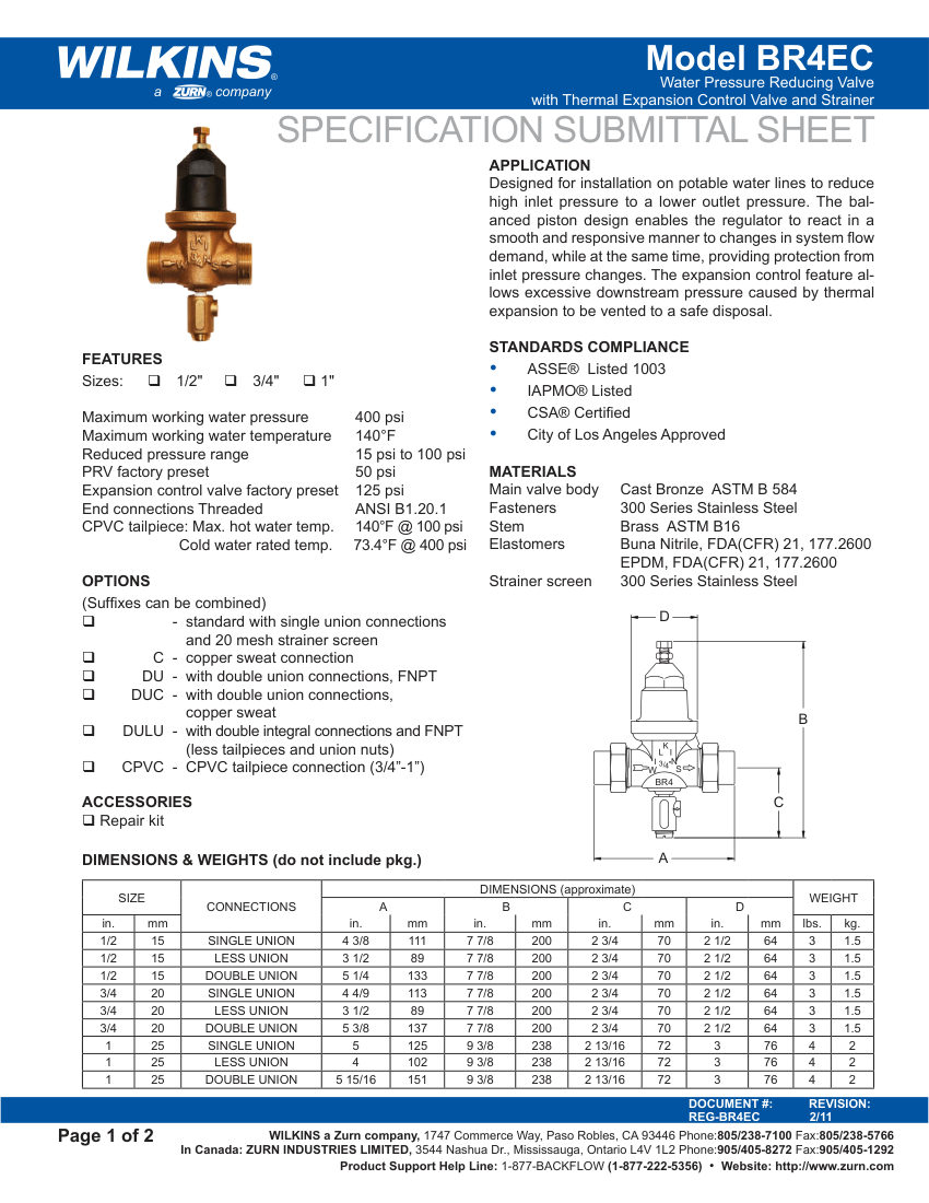 Zurn BR4EC cut sheet — first page