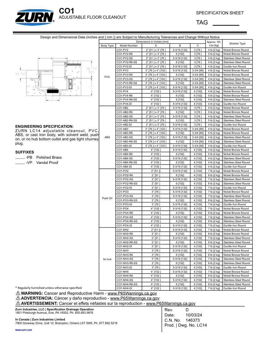 Zurn CO1 cut sheet — first page