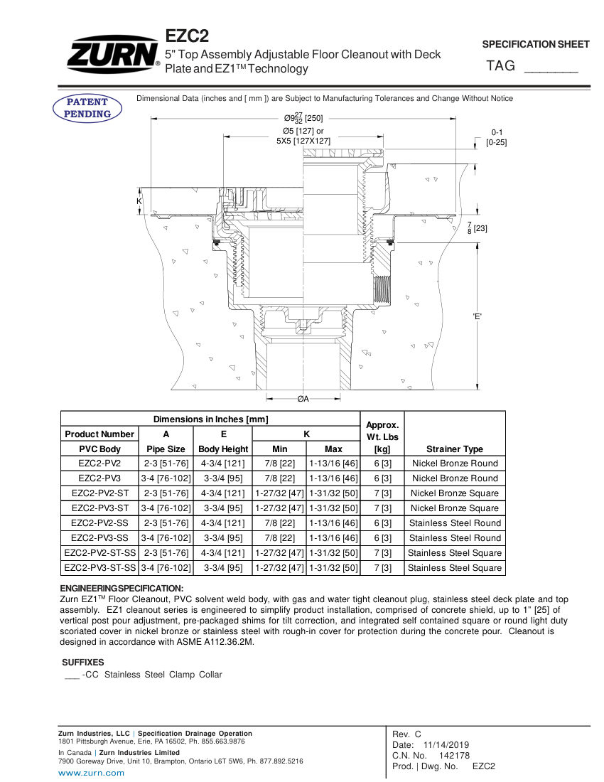 Zurn EZC2 cut sheet — first page