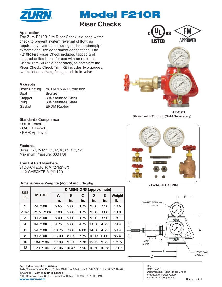 Zurn F210R cut sheet — first page