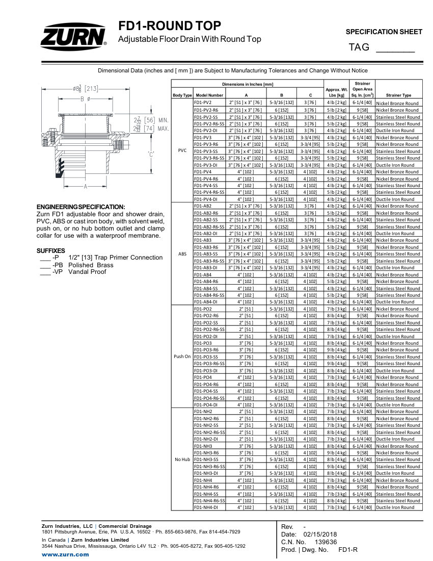 Zurn FD1 cut sheet — first page