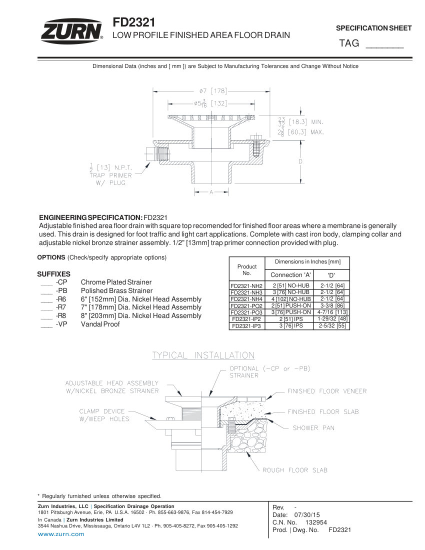 Zurn FD2321 cut sheet — first page