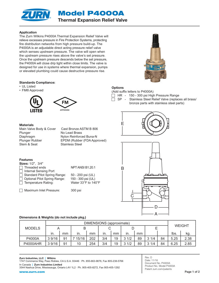 Zurn P4000A cut sheet — first page