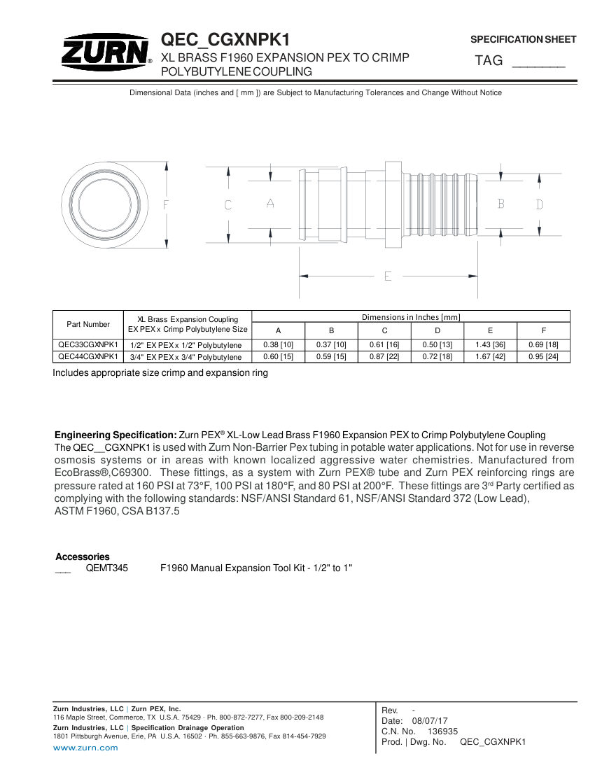 Zurn QECCGXNPK1 cut sheet — first page