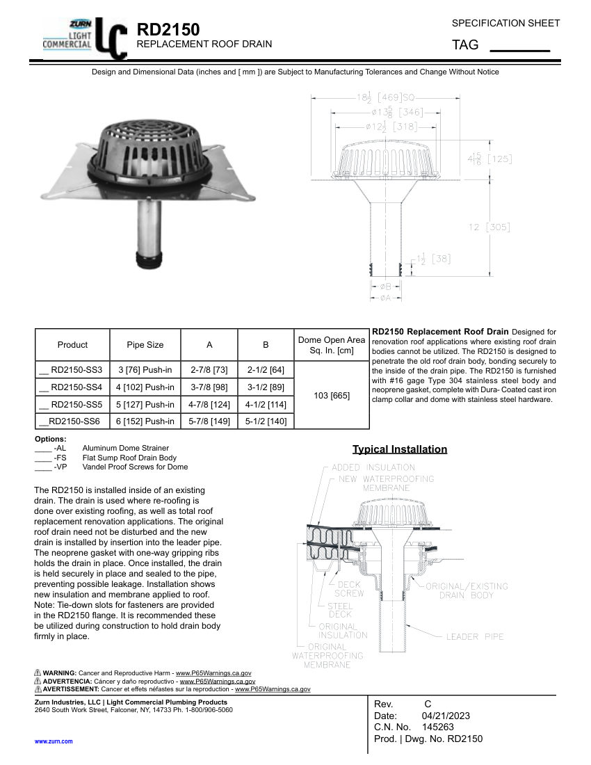 Zurn RD2150 cut sheet — first page