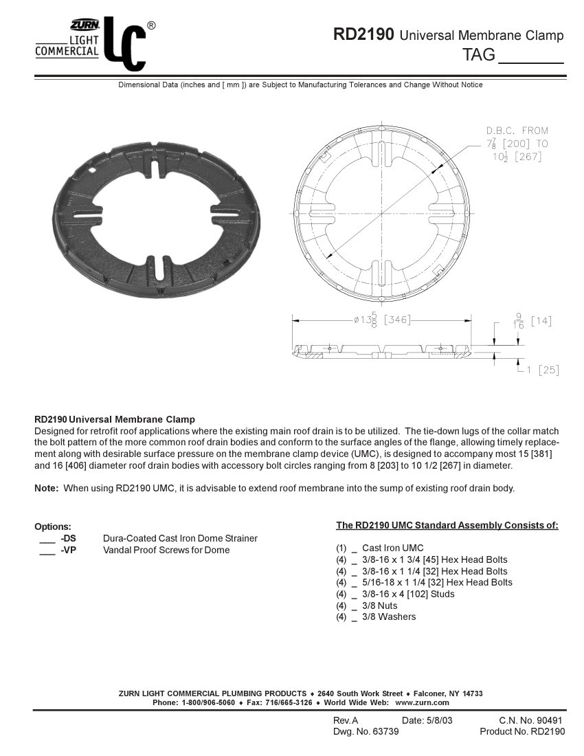 Zurn RD2190 cut sheet — first page