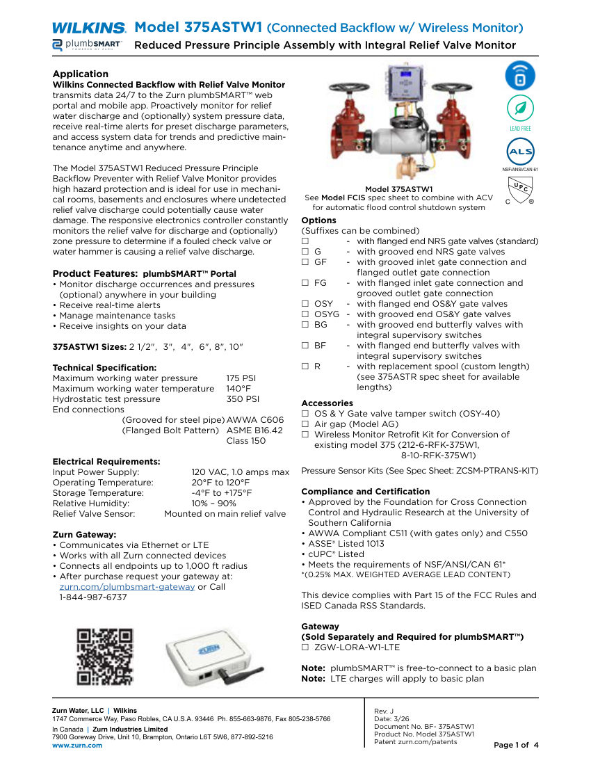 Zurn RFK-375W1 cut sheet — first page