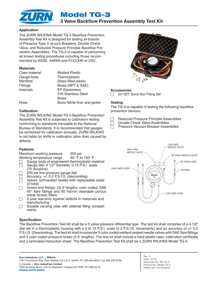 Zurn TG-3 cut sheet — first page
