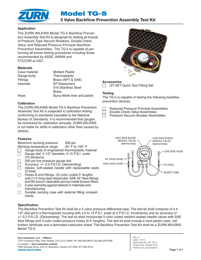 Zurn TG-5 cut sheet — first page
