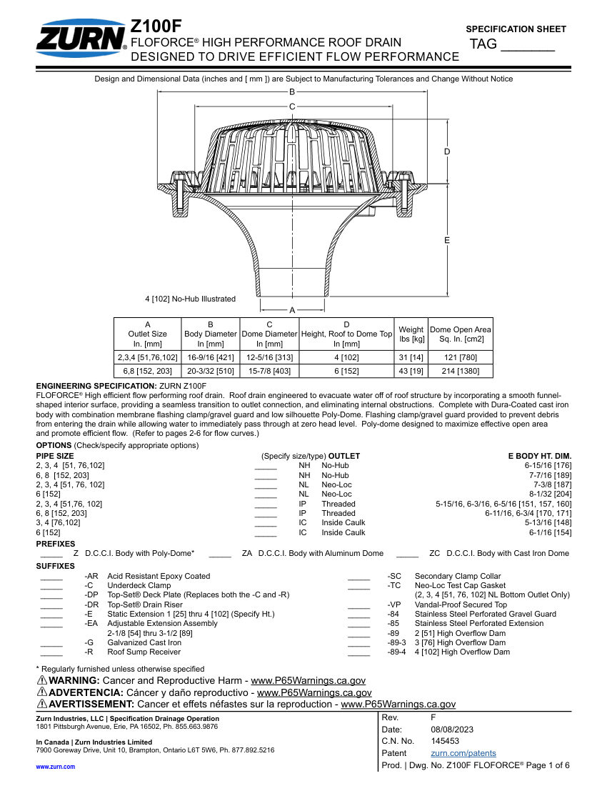Zurn Z100F cut sheet — first page