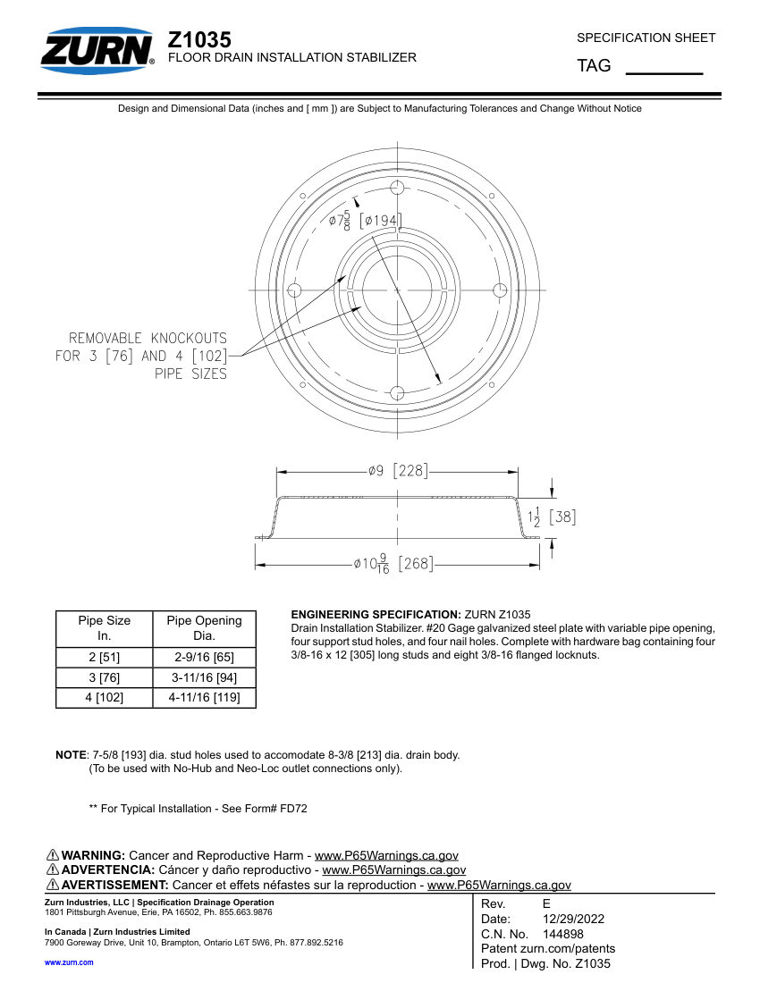 Zurn Z1035 cut sheet — first page