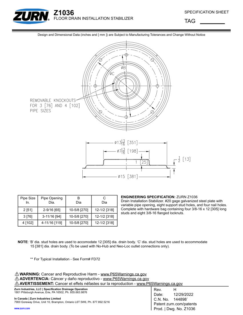 Zurn Z1036-STABILIZER-ASY cut sheet — first page
