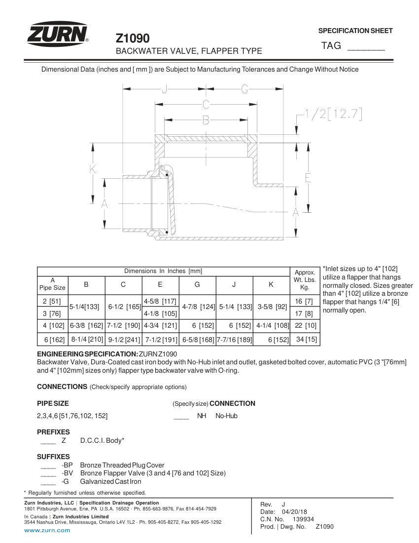 Zurn Z1090 cut sheet — first page