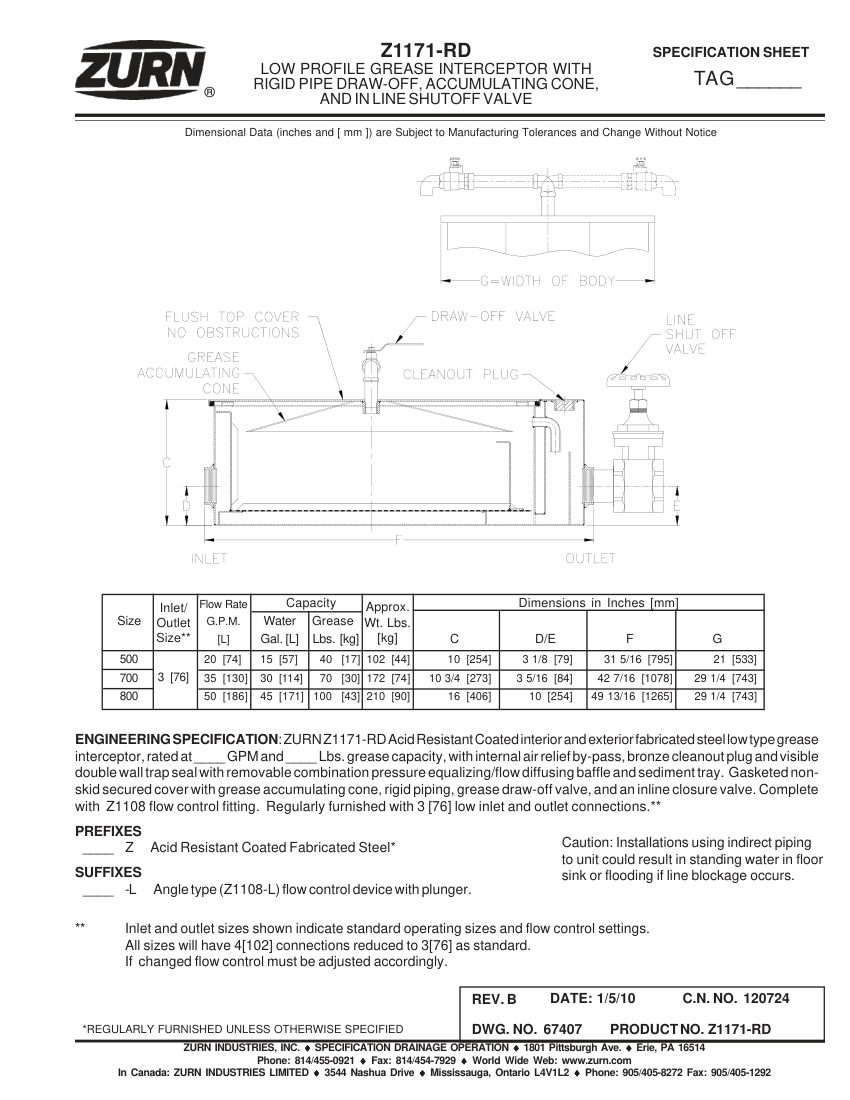 Zurn Z1171-RD cut sheet — first page
