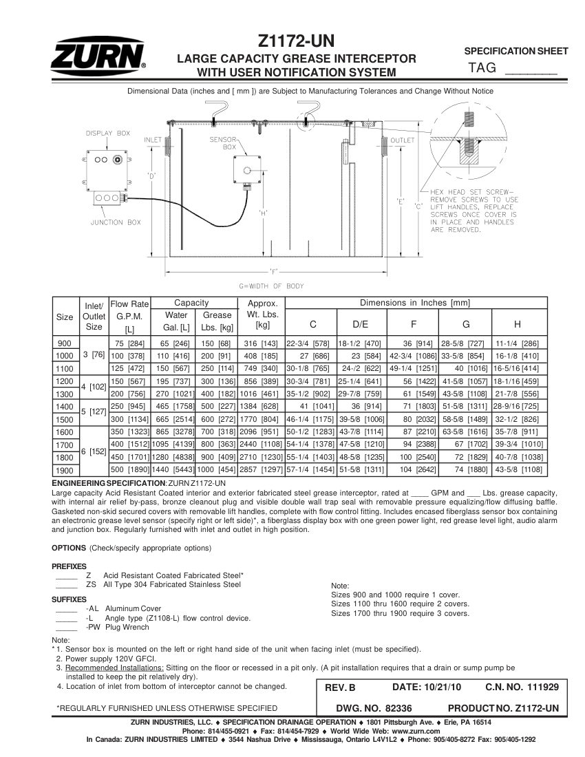 Zurn Z1172-UN cut sheet — first page