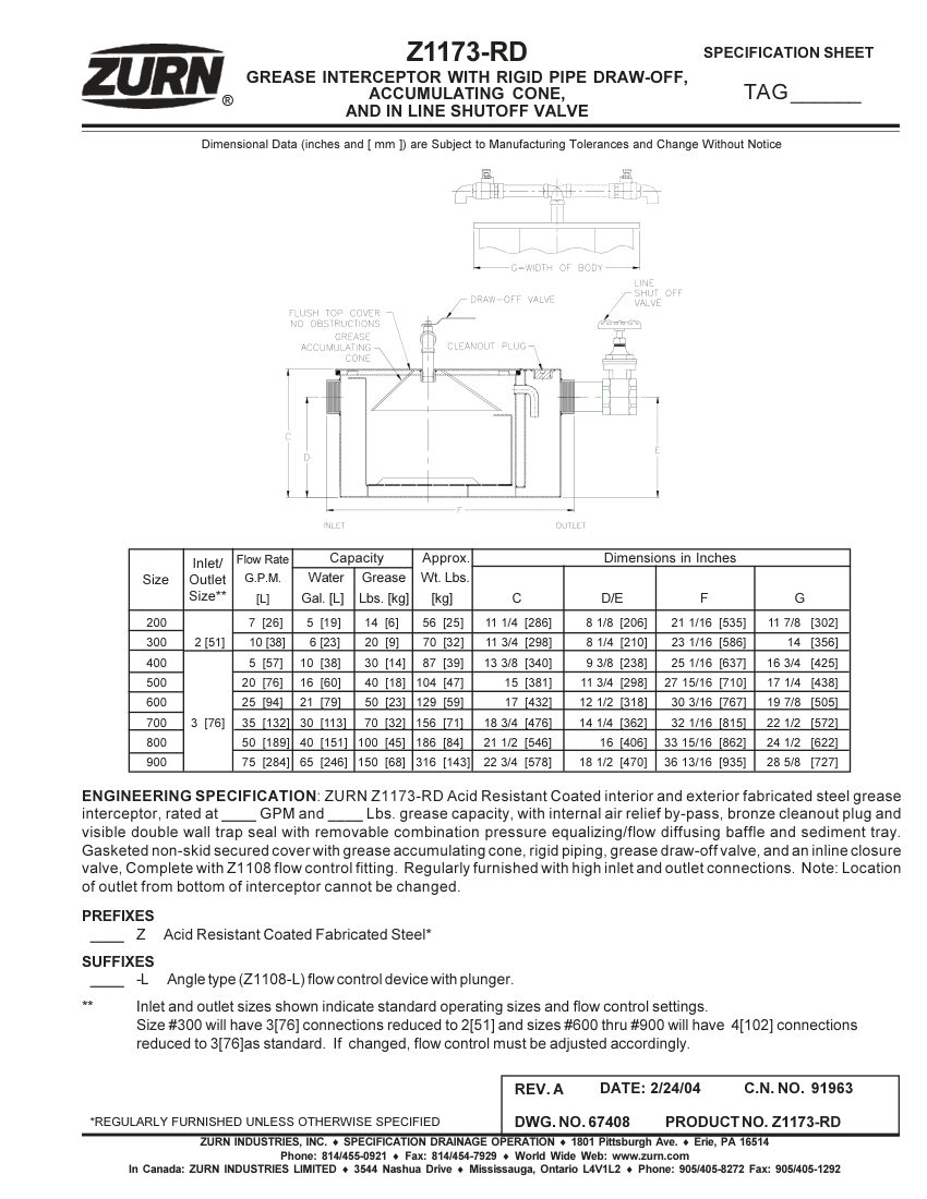 Zurn Z1173-RD cut sheet — first page