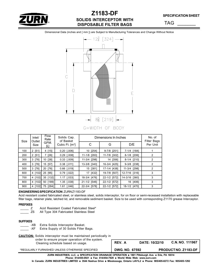 Zurn Z1183-DF cut sheet — first page