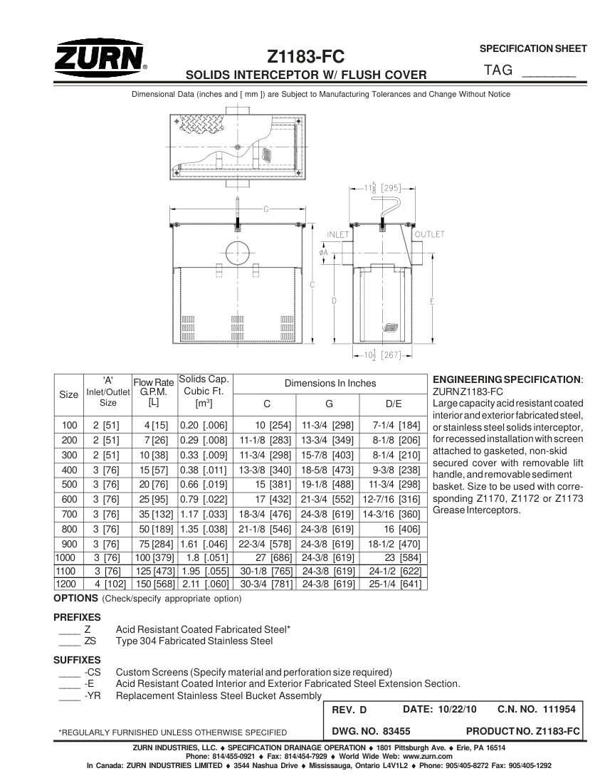 Zurn Z1183-FC cut sheet — first page
