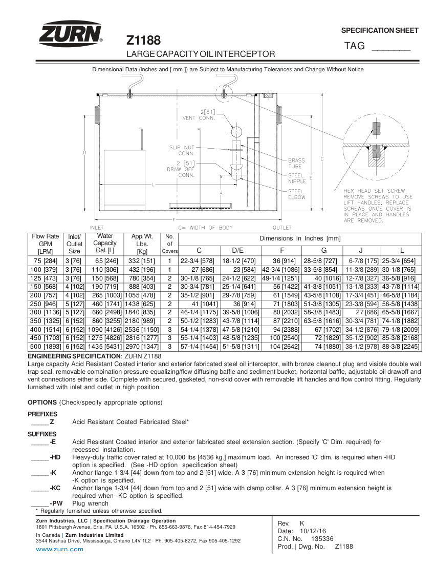 Zurn Z1188 cut sheet — first page